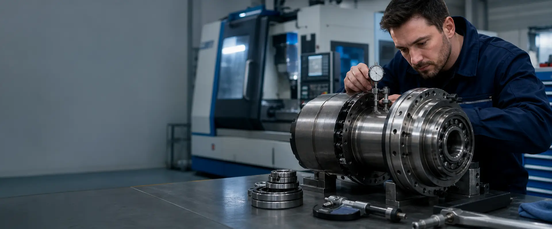 Técnico a medir a excentricidade de um mandril CNC com um comparador — imagem ilustrativa